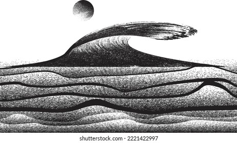 Ocean, mountains, sun, moon, waves and sandy beach. Summer landscape  . Vector Illustration. 