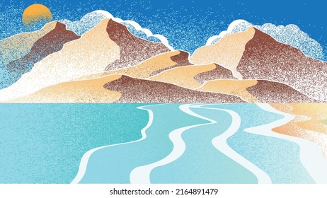 Ocean, mountains, sun, waves and sandy beach. Summer landscape  . Vector Illustration. 