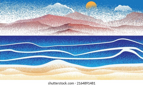 Ocean, mountains, sun, waves and sandy beach. Summer landscape  . Vector Illustration. 