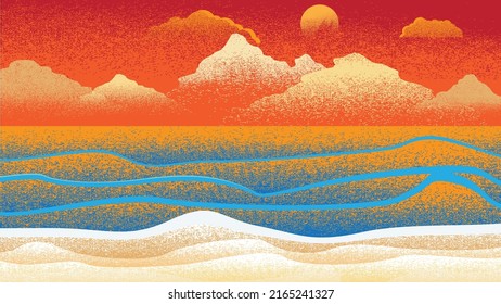 Ocean, mountains, sun, waves and sandy beach. Summer landscape  . Vector Illustration. 