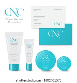 Ocean Natural Cosmetics logo. O, N and C monogram. Health care cosmetics logo and packaging. Turquoise  monogram on business card, tubes and jars with branding.