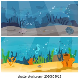 Ocean nature banners set with sand, fish, corals, sea inhabitants, stones, seashells, seahorse and algae. Sea dweller deep at bottom. Wild nature of world ocean. Underwater life of sea creatures