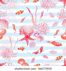 Ocean nature with fishes, red star, shells, seahorse, algae seamless vector pattern. Blue striped background.
