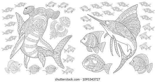 Ocean nature panorama. Hammerhead shark, sailfish and tropical fishes of different species. Coloring Page. Adult Coloring Book idea. Antistress freehand sketch collection.