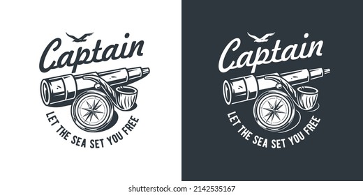 Ocean nautical captain emblem. Marine sea farer logo. Sailor man print