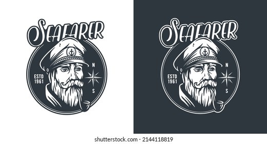 Ocean nautical captain emblem. Marine sea farer logo. Sailor man print