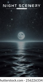 Ocean at night, calm ripples in the water with glowing moon reflection over the water, Night scenery vector illustration