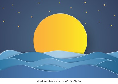 ocean at night with full moon , paper art style