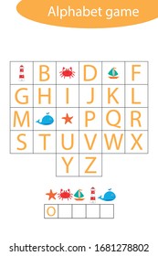 Alphabet-Spiel für Meeressäugetiere für Kinder, Wortmachen, Aktivitäten für Kinder im vorschulischen Arbeitsblatt für Kinder, pädagogisches Buchstabenspiel für die Entwicklung von Kindern, Vektorillustration-Illustration