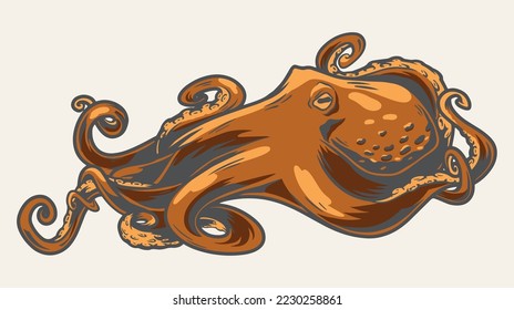 Ocean octopus detailed label colorful representative of marine fauna with long tentacles for decorating seafood advertising vector illustration