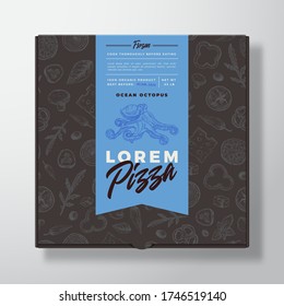 Ocean Octopus Seafood Frozen Pizza Realistic Cardboard Box. Abstract Vector Packaging Design or Label. Modern Typography, Sketch Seamless Food Pattern. Black Paper Background Layout. Isolated.