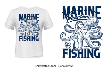 Ocean octopus t-shirt print, vector mockup. Marine phantom underwater monster, seafood fishing big catch. Marine fishing club emblem, sketch style