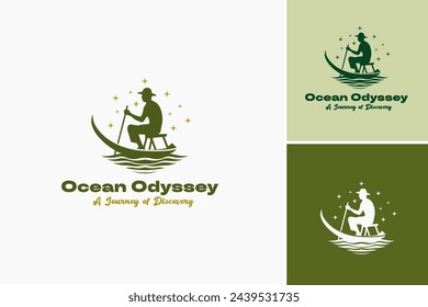 Ocean Odyssey logo design template, Bearded man in a boat, wearing a hat and paddling. Perfect for outdoor adventure, vacation, recreation, boating, and travel concepts.