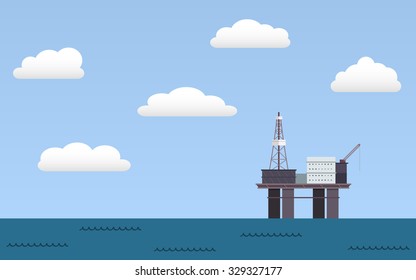 Ocean Offshore Oil Rig Drilling Platform In Flat Icon Design And Blue Sky With Clouds Background (vector)