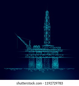Ocean oil gas drilling rig low poly business concept. Finance economy polygonal petrol production. Petroleum fuel industry offshore extraction derricks line connection dots blue vector illustration