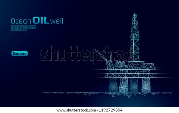 Ocean oil gas drilling rig low poly business\
concept. Finance economy polygonal petrol production. Petroleum\
fuel industry offshore extraction derricks line connection dots\
blue vector illustration