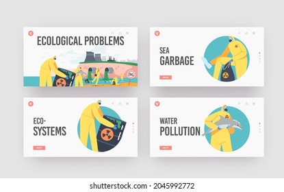 Ocean Oil Pollution Ecological Problem Landing Page Template Set. Characters in Protective Suits and Masks Clean Sea Beach Polluted with Toxic Barrels and Dead Fish. Cartoon People Vector Illustration