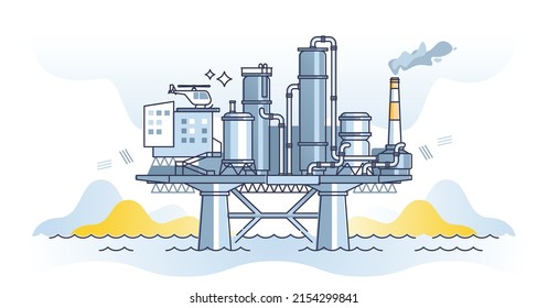 Estación de refinería de petróleo oceánico con extracción cruda del concepto de contorno oceánico. Explotación de combustible desde el mar con una gran plataforma de maquinaria pesada de ilustración vectorial. Tubo fósil con torre en alta mar.