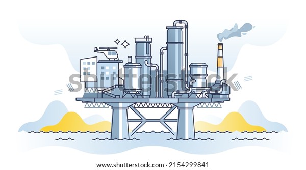 Ocean oil refinery station with crude extraction\
from ocean outline concept. Fuel drilling from sea with large heavy\
machinery platform vector illustration. Fossil pipe drill with\
offshore tower.