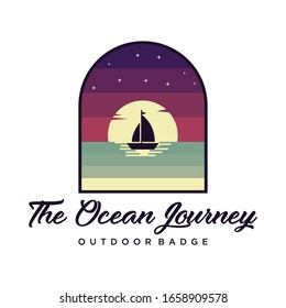 Ocean outdoor badge logo design. Sailing in ocean with night sky vector illustration