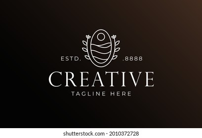 Plantilla de diseño de logotipo de línea oval oceánica. Ilustración vectorial del sol con el agua de mar de la playa. Plantilla de diseño de líneas de arte con logotipo moderno