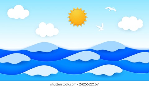 Ocean Paper geschnitten Landschaft mit Surfwellen, Sonne und Möwen. Vektor-Hintergrund mit 3D-Papierschnitt sanfte Brise, Wolken und Möwen schweben hoch, malen den Himmel mit Freiheit, entfalten sich auf der ruhigen Ozean-Leinwand