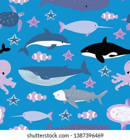 Ocean pattern blue animals seamless vector. Concept for print, textile, wallpaper, web design