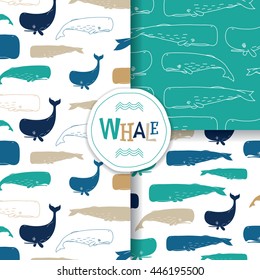 Ocean Patterns With Sperm Whale On White Background. Vector Illustration.