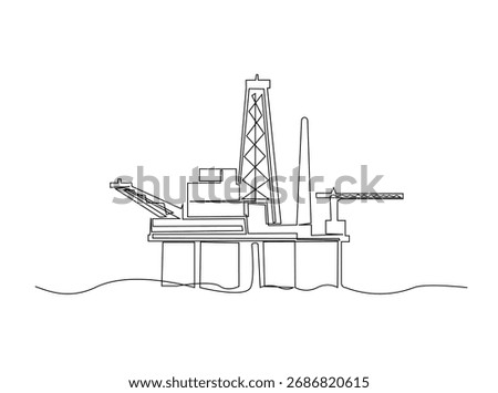 Ocean petrol drilling platform in single outline illustration. Continuous line art drawing of Offshore oil rig in the ocean. Editable stroke.