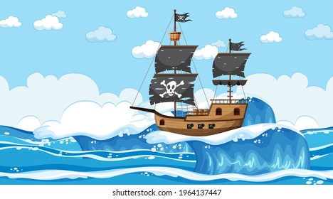 El océano con el barco pirata en la escena del día en una ilustración de estilo caricaturista