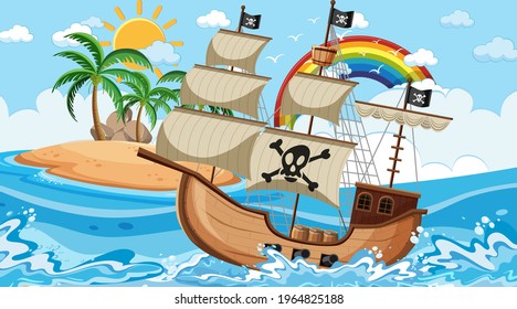 Ocean with Pirate ship at day time scene in cartoon style illustration