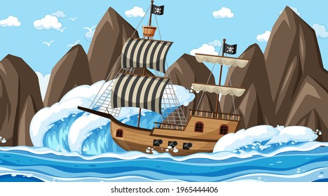 Ocean with Pirate ship at day time scene in cartoon style illustration