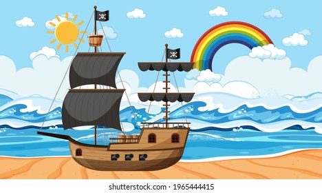 El océano con el barco pirata en la escena del día en una ilustración de estilo caricaturista