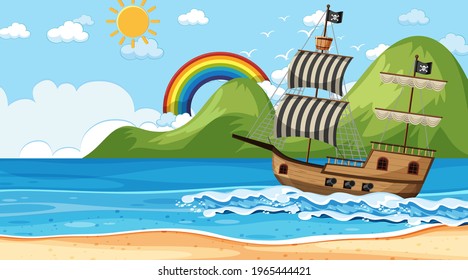 Ocean with Pirate ship at day time scene in cartoon style illustration