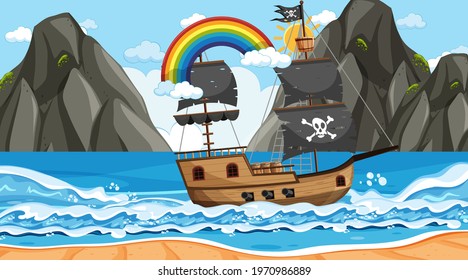 Ocean with Pirate ship at day time scene in cartoon style illustration