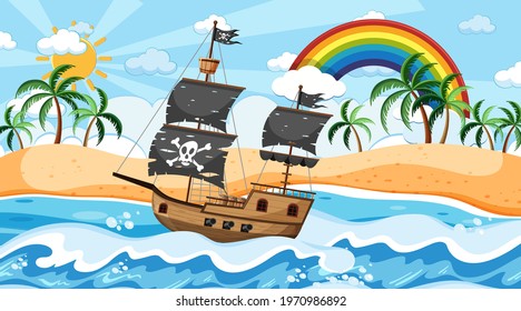 Ocean with Pirate ship at day time scene in cartoon style illustration