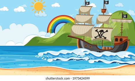Ocean with Pirate ship at day time scene in cartoon style illustration