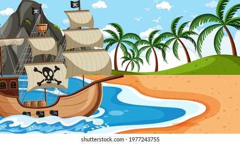 Ocean with Pirate ship at day time scene in cartoon style illustration
