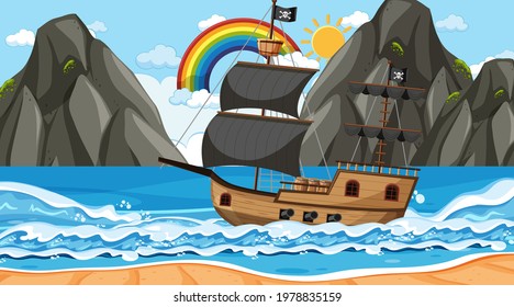 Ocean with Pirate ship at day time scene in cartoon style illustration