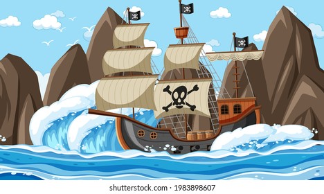 Ocean with Pirate ship at day time scene in cartoon style illustration