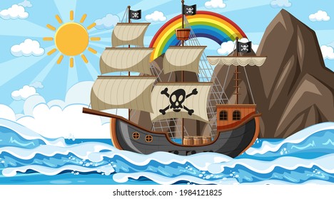 Ocean with Pirate ship at day time scene in cartoon style illustration