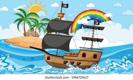 Ocean with Pirate ship at day time scene in cartoon style illustration