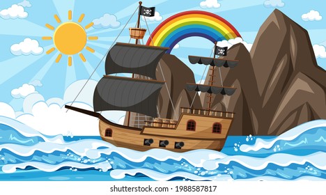 Ocean with Pirate ship at day time scene in cartoon style illustration