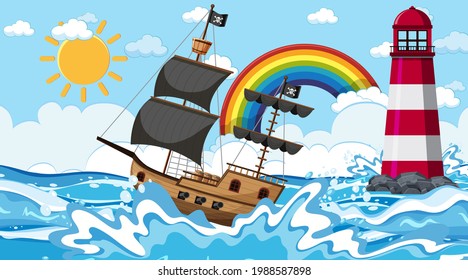 Ocean with Pirate ship at day time scene in cartoon style illustration