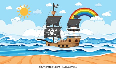 Ocean with Pirate ship at day time scene in cartoon style illustration