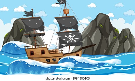 Ocean with Pirate ship at day time scene in cartoon style illustration