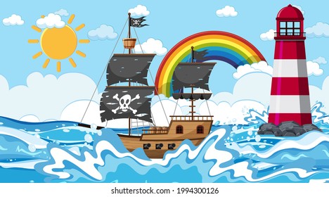 Ocean with Pirate ship at day time scene in cartoon style illustration