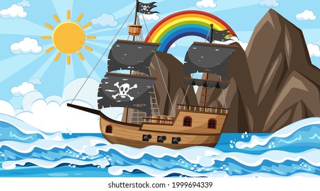 Ocean with Pirate ship at day time scene in cartoon style illustration