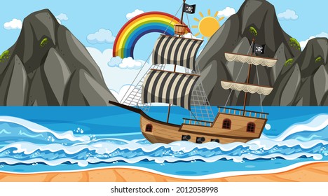Ocean with Pirate ship at day time scene in cartoon style illustration