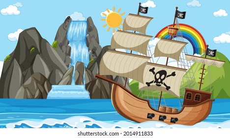 Ocean with Pirate ship at day time scene in cartoon style illustration